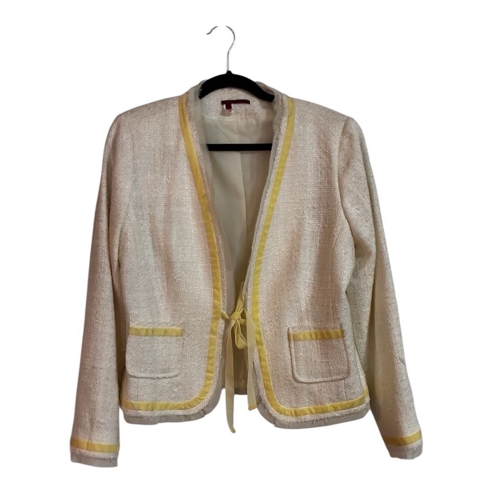 Cream Tweed Open-Front with Ribbon Tie Closure LadyJacket with Yellow Trim